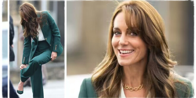 Princess Kate Stuns In An Emerald Pantsuit Despite Suffering A Wardrobe Malfunction
