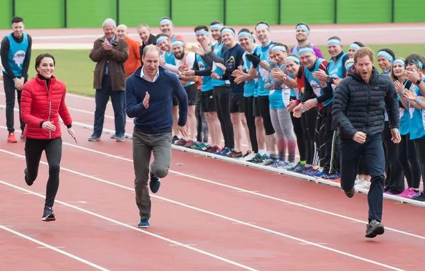 William, Kate and Harry take part in a race during a training day for the Heads Together team for the London Marathon at Olympic Park in 2017