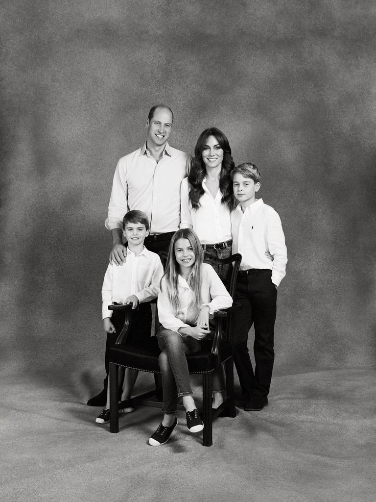 Black and white portrait of the Prince and Princess of Wales and their children for their 2023 Christmas card photo