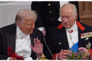 King Charles playfully saying “Watch the sword!” to Donald Trump during the Guard of Honour review at Windsor Castle