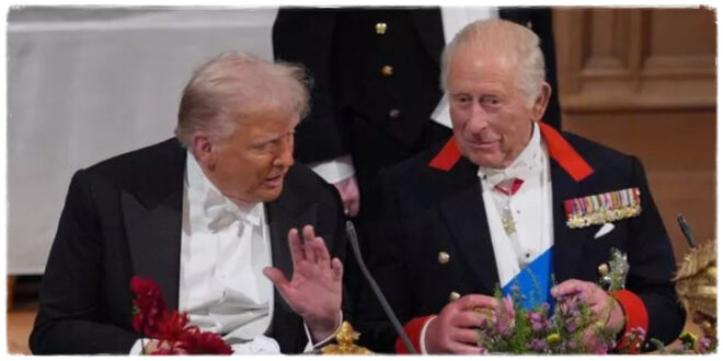 King Charles playfully saying “Watch the sword!” to Donald Trump during the Guard of Honour review at Windsor Castle