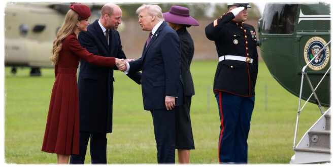 Donald Trump shaking hands with Prince William while lightly touching his arm after stepping off Marine One at Windsor Castle