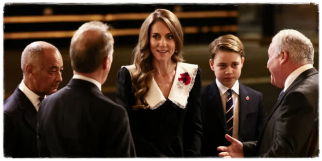 Prince George standing beside Princess Kate during his first royal appearance honouring the British Armed Forces