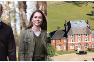 Prince William, Princess Kate, and their three children smiling outside their new family home