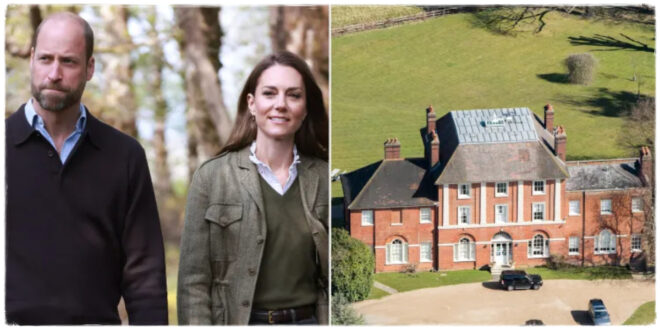 Prince William, Princess Kate, and their three children smiling outside their new family home