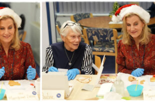 Duchess of Edinburgh smiling while wearing a festive Santa Claus hat at a royal engagement