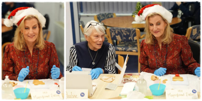 Duchess of Edinburgh smiling while wearing a festive Santa Claus hat at a royal engagement