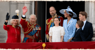 King Charles speaking with Princess Charlotte and Prince Louis during Trooping the Colour