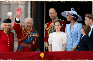 King Charles speaking with Princess Charlotte and Prince Louis during Trooping the Colour