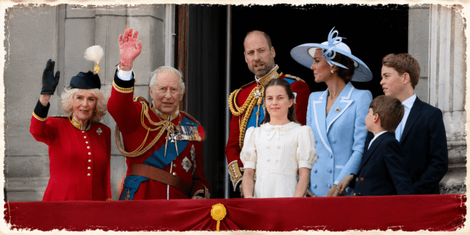 King Charles speaking with Princess Charlotte and Prince Louis during Trooping the Colour