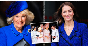 Queen Camilla gesturing towards Princess Kate as Kate speaks with Melania Trump during the 2025 state visit at Windsor Castle