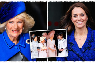 Queen Camilla gesturing towards Princess Kate as Kate speaks with Melania Trump during the 2025 state visit at Windsor Castle