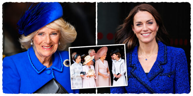 Queen Camilla gesturing towards Princess Kate as Kate speaks with Melania Trump during the 2025 state visit at Windsor Castle