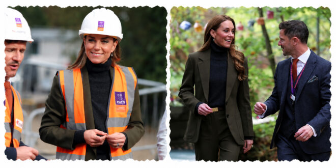 Princess Kate wearing a hard hat and high-visibility vest while touring construction work at The Treehouse children's hospice in Ipswich on October 22, 2026